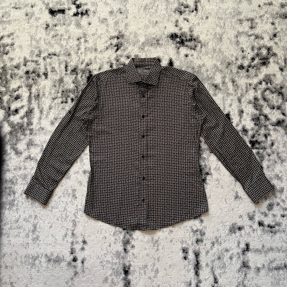 Brioni Mens L Black Geometric Circle Print Dress Shirt $695 MSRP